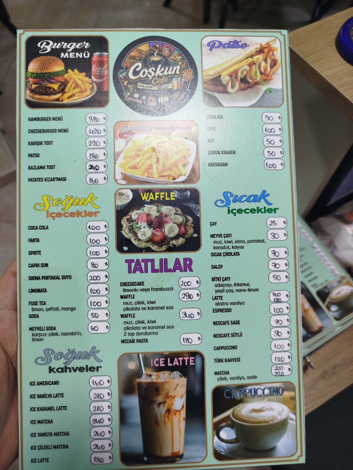 Coşkun Kafe basılı menüsü